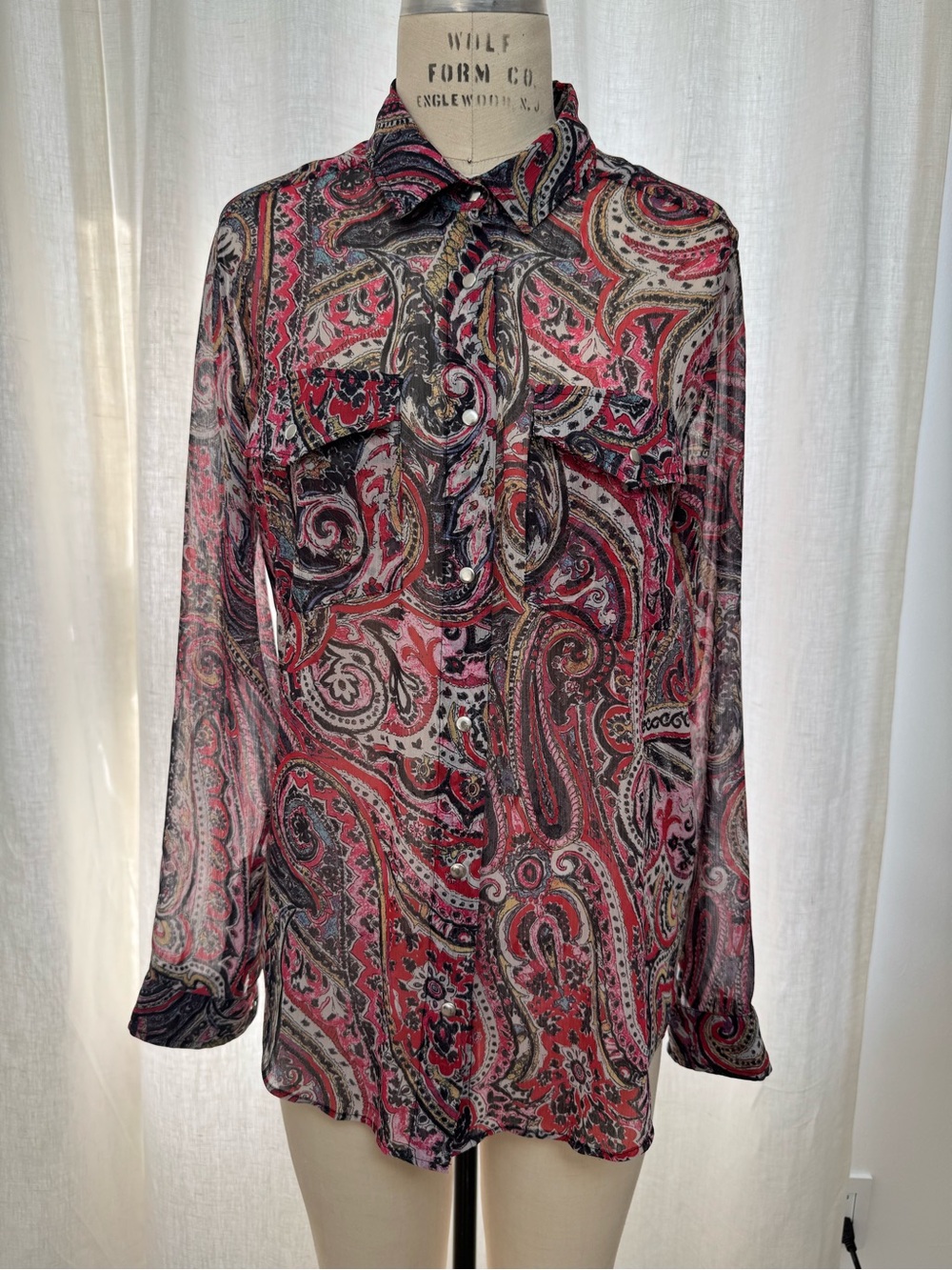 The Kooples Paisley Sheer Tie-Neck Blouse in Pink and Black